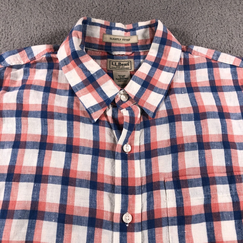 LL Bean Shirt Mens Extra Large Red Blue Plaid 100% Linen Slightly Fitted Coastal - Picture 2 of 10